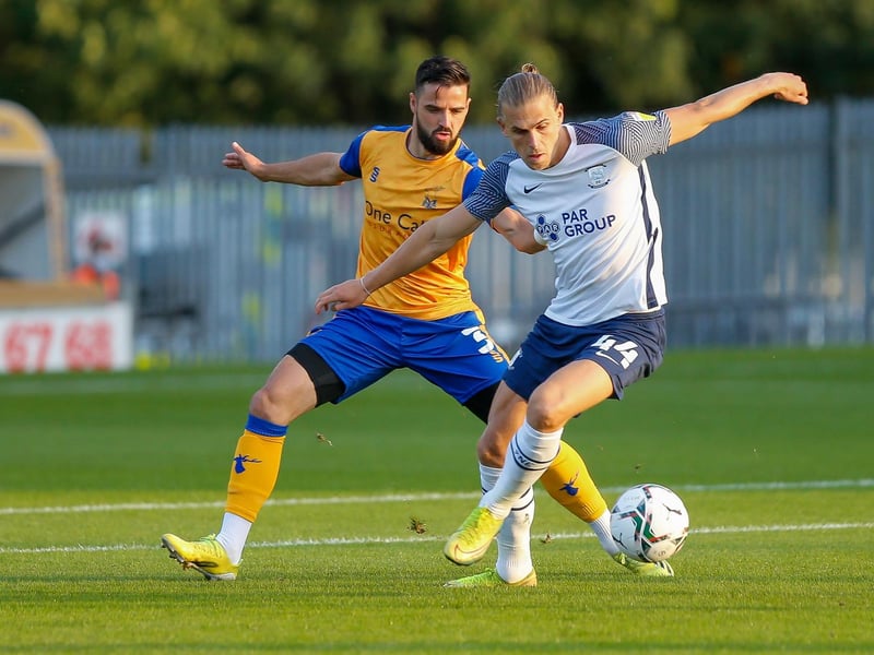 Mansfield Town Stephen McLaughlin holds up Preston's Brad Potts.