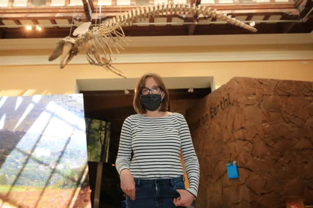 Sheffield Museums worker Amy Farry with the new pilot whale display at Weston Park Museum, which reopened to the public on Thursday, May 20