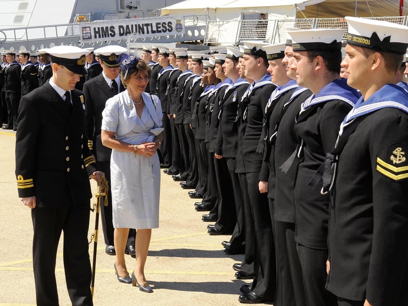 3rd June 2010. Inspection of the parade by Lady Mary Burnell-Nugent.
Commissioning Ceremony of HMS Dauntless, at Victoria Jetty, Her Majesty's Naval Base, Portsmouth.
Picture: Allan Hutchings (101720-736)