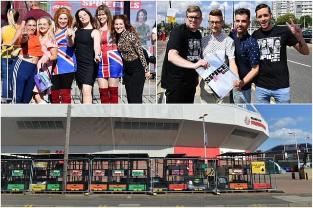 Fans pose for the camera before The Spice Girls' June 2019 concert at Sunderland's Stadium of Light.