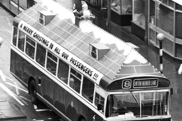The Christmas bus was pictured in 1974 as it went past Bianco's.