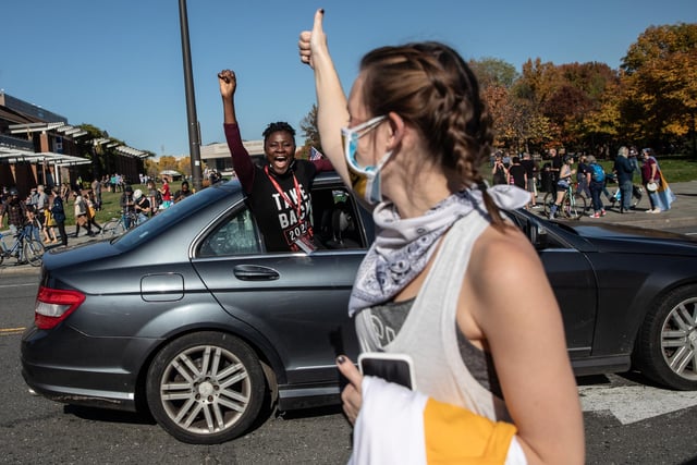 People celebrate from their cars outside independence mall  in Philadelphia, Pennsylvania.  (Photo by Chris McGrath/Getty Images)