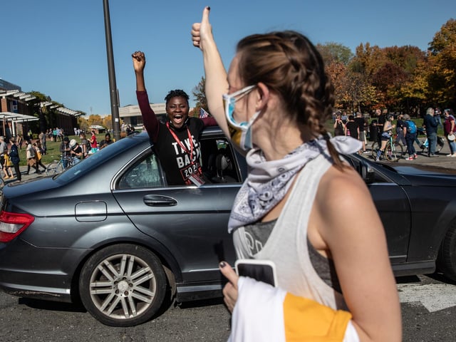 People celebrate from their cars outside independence mall  in Philadelphia, Pennsylvania.  (Photo by Chris McGrath/Getty Images)