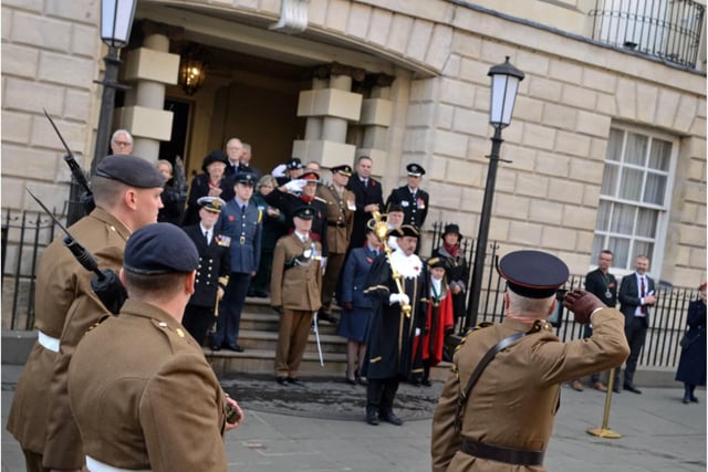 Taking the salute on the steps of the Mansion House.