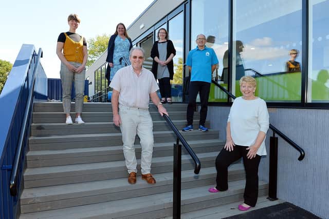 Stocksbridge Leisure Centre reopening leisure centre from next week. Front-Andy Clarke chief exec and Fay Howard trustee, Back Cathy Corker trustee, Alison Brelsford finance officer, Julie Martin office manager and Keith Gordon volunteer.