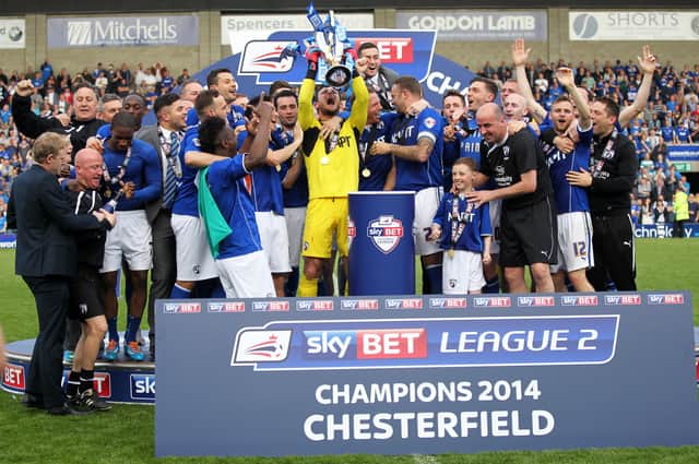 Chesterfield v Fleetwood Town. Players celebrate after Chesterfield won the League 2 Championship