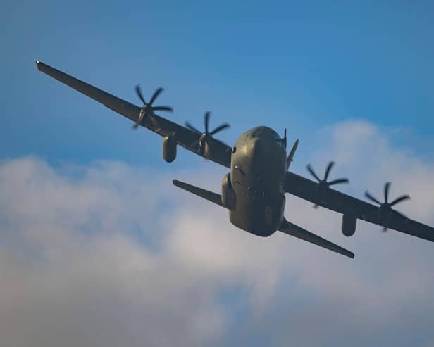 A Hercules military plane flying over the Upper Derwent Valley in the Peak District near Sheffield. Photo: Richard Bowring