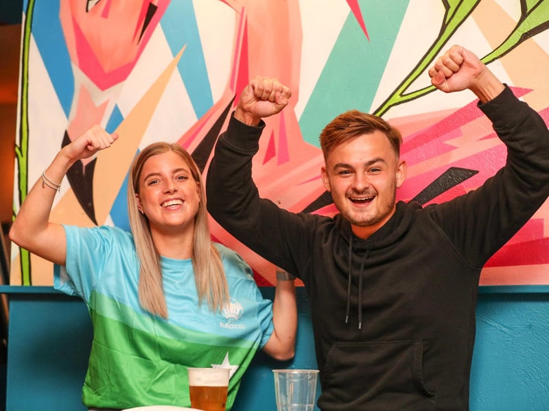 Fans pictured in the Honest Politician pub. Hope Smithers and Sam Tudgay. Picture: Stuart Martin (220421-7042)