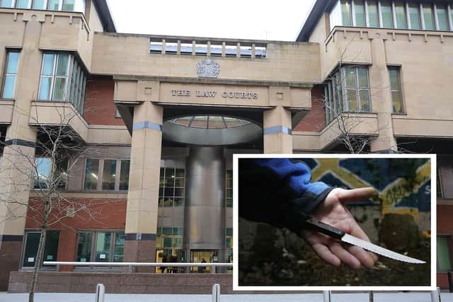 Sheffield Crown Court, pictured, heard how a knife-wielding thug "terrified" his daughter during a dispute over a vacuum cleaner. Also pictured is a generic picture of a knife.