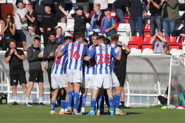 Hartlepool United's Jamie Sterry celebrates after scoring their first goal during the Sky Bet League 2 match between Hartlepool United and Bristol Rovers at Victoria Park, Hartlepool on Saturday 11th September 2021. (Credit: Mark Fletcher | MI News)