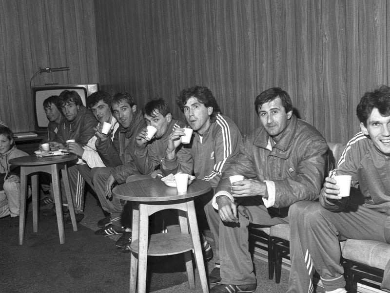 Members of Velez Mostar have a cup of tea after arriving at Edinburgh airport in November 1988. The Yugoslavian team were in the capital to play Hearts football team in the first leg of the UEFA Cup 3rd round.