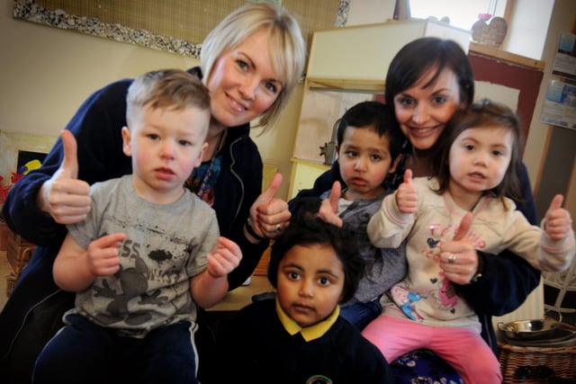 Thumbs up for the Early Days Nursery's Ofsted in 2015. Pictured left to right are Ruth Rutter and Emma Potts with Rylee Dondaldson, Maida Uddin, Ijaz Islam and Tilly Welsh.