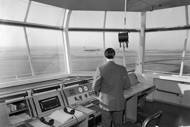 The inside of Turnhouse's new traffic control tower in February 1962.