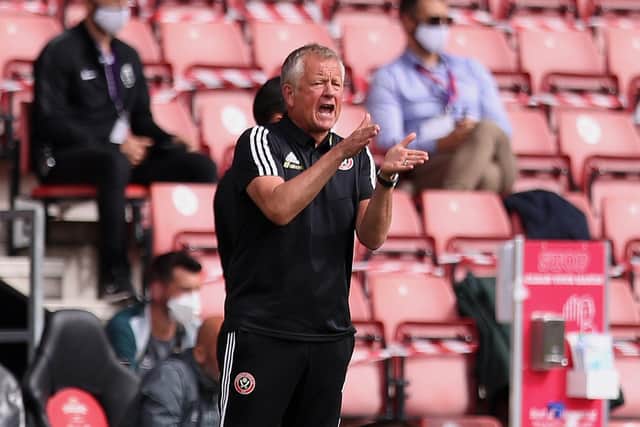 Chris Wilder, Manager of Sheffield United urges on his team during the Premier League match between Southampton FC and Sheffield United at St Mary's Stadium. (Photo by Naomi Baker/Getty Images)