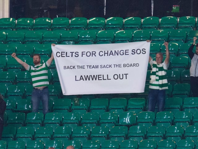 Hoops fans protest at the end of a Europa League match against FK Suduva in August 2018