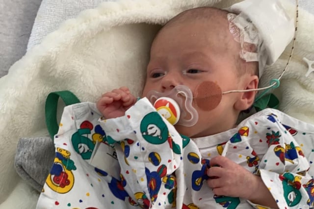 This little trooper is Ajày, born on 2 April. He spent nine days in SCBU at St John's Hospital before getting home but needed surgery at the Sick Kids just weeks later - a lot for mum Marina to tell him when he's older!