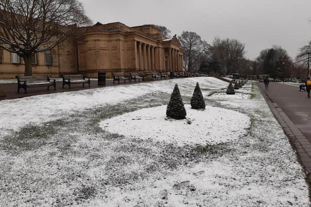 Snow has started in Sheffield today. Picture shows the snow at the Weston Park Museum, next to the weather station