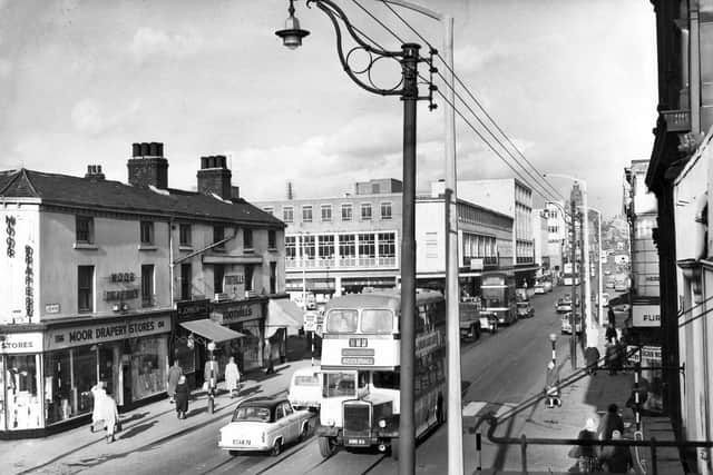 The Moor, Sheffield, around 1960, before the rebuilding was complete.  Note the tramlines remain, but only buses are now on view.