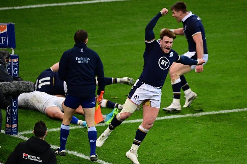 Stuart Hogg reacts as Scotland score the winning try at the end of the Six Nations rugby union tournament match between France and his side on March 26, 2021, at the Stade de France in Saint-Denis, outside Paris. (Photo by Martin Bureau/AFP via Getty Images)