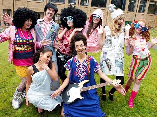 From left, Natasha Amiri, Neil Gledhill, Helen Vaughan, Erin Fee, Stephanie Campbell, Amber Jackson and in front, Rachel Hewitt and Mark Jones in their worst fashions at Notre Dame School, Sheffield, on March 29, 2007