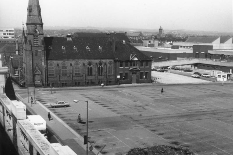 St John's Presbyterian Church, in Park Road, taken from above. Middleton Grange Shopping Centre was under construction at the time. Photo: Hartlepool Library Service.