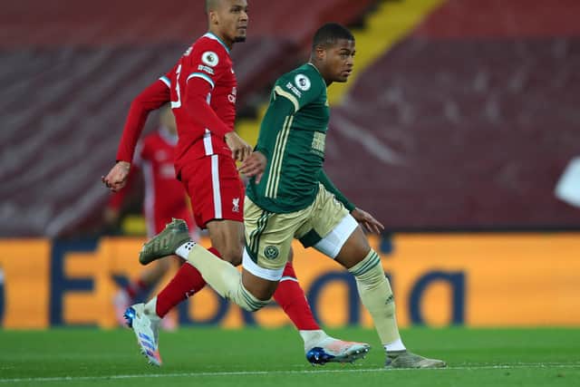 Rhian Brewster worked hard during Sheffield United's visit to his former club Liverpool: Simon Bellis/Sportimage