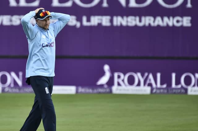 England's Joe Root reacts during the third one day international cricket match between England and Sri Lanka, at Bristol  (AP Photo/Rui Vieira)