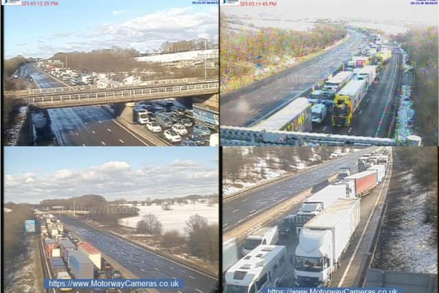 This collage of shows traffic on the M1 near Sheffield at 3.10pm after both carriageways were closed by a crane fire between J29 and 30.