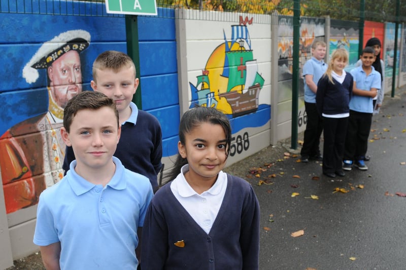 Laygate Community School year 6 pupils with the school's new history timeline. Who remembers this?