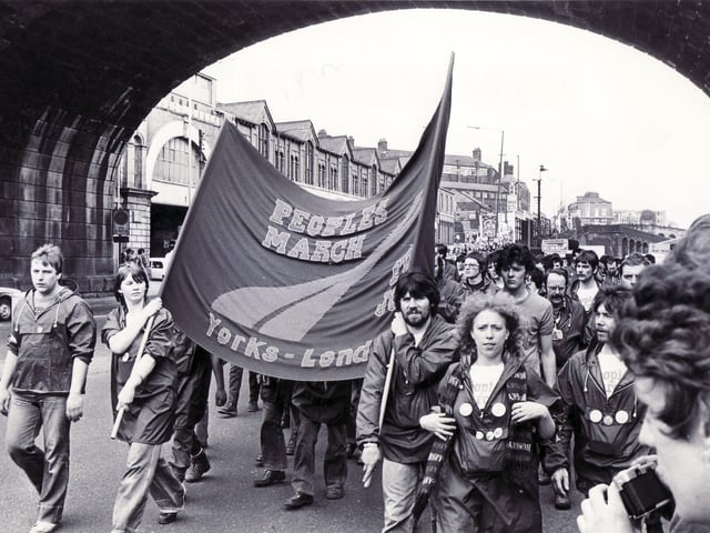 The central arch was hit by an unexploded bomb during the Second World War but did not collapse and was repaired.
This picture shows the marchers on the unemployed march make their way through the Wicker Arches on their way to a meeting at the City Hall, Sheffield May 1981