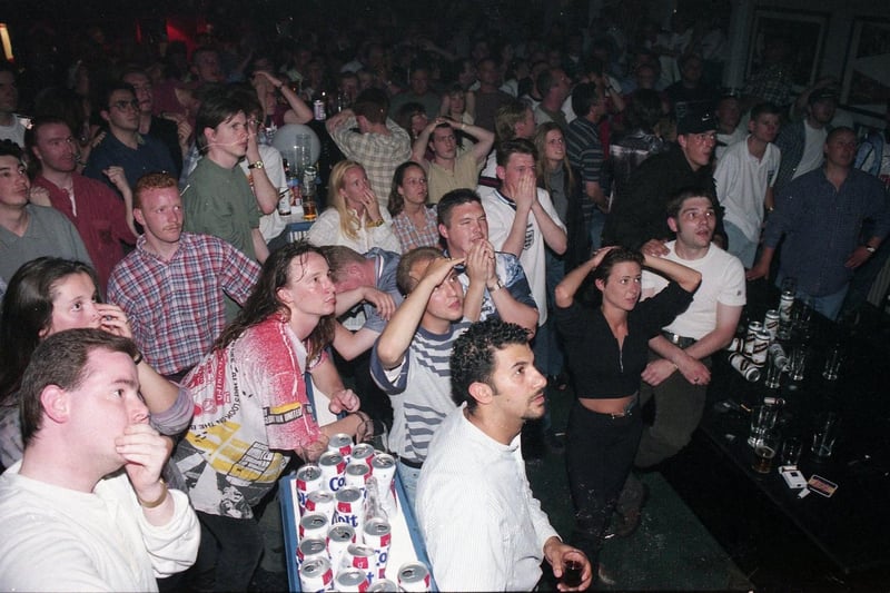 Hands in mouths at this 1996 scene at the Sports Bar in Park Road where supporters watched the European Football Championship semi-final. Are you pictured?