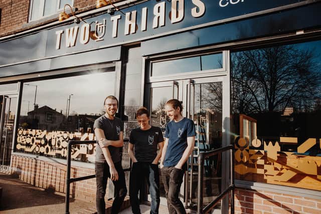 Two Thirds Beer Co's founding trio outside the bar on Abbeydale Road, Sheffield.