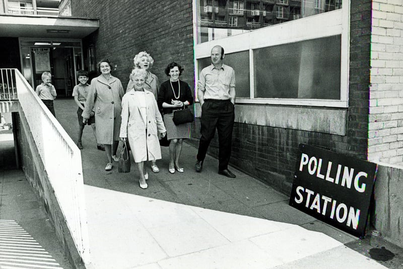 Voters pictured leaving the polling station at Park Hill Flats Community Centre, Sheffield - June 18, 1970