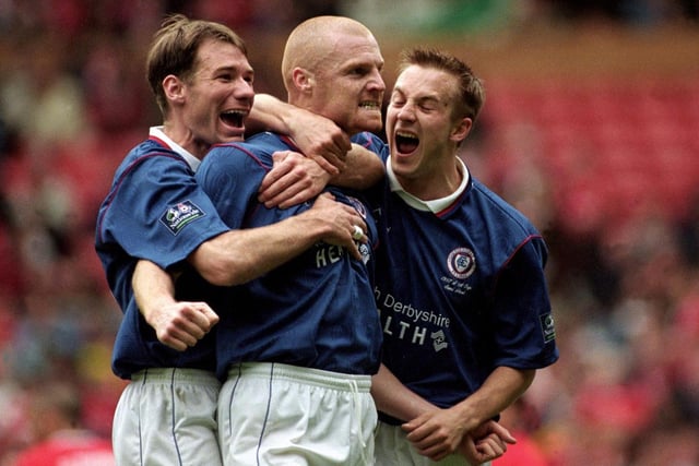 Sean Dyche celebrates scoring from the spot for Chesterfield against Middlesbrough in the 1997 FA Cup semi-final at Old Trafford.