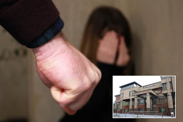 Sheffield Crown Court, pictured, has heard how a cowardly Sheffield thug has been given a suspended prison sentence after he repeatedly kicked his ex-partner during a row about him being accused of stealing her children's pocket money.
