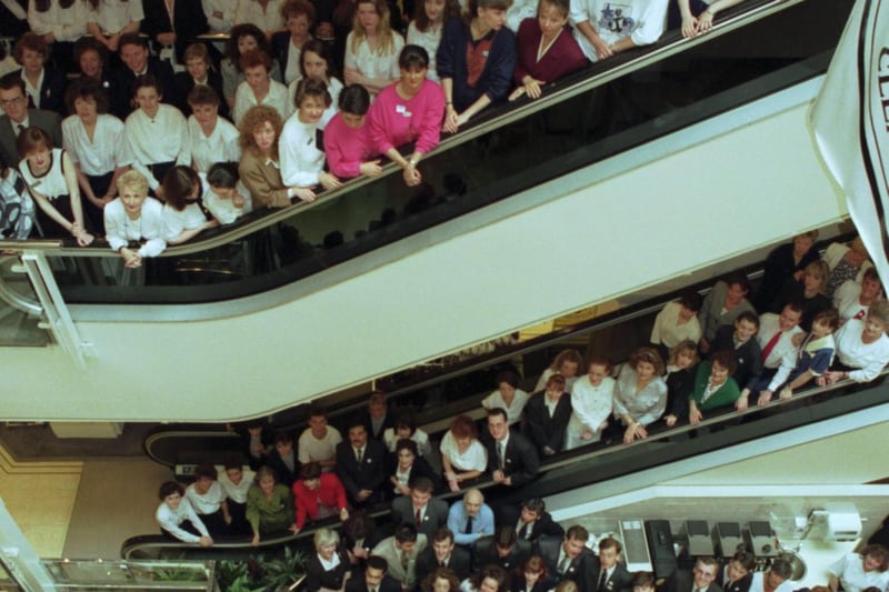 Debenhams took over the Lewis' department store in Argyle Street Glasgow. Staff prepare for the sale to mark the shop's official opening in July 1991.