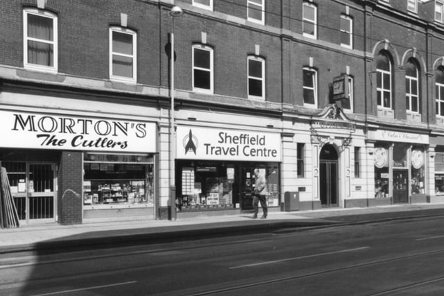 West Street, Sheffield city centre, in April 1995, showing Morton's The Cutlers, Sheffield Travel Centre, and Calm and Classical Records.