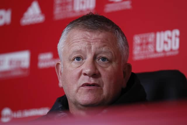 Sheffield United manager Chris Wilder speaking during his weekly press conference at the Steelphalt Academy, Sheffield: Simon Bellis/Sportimage