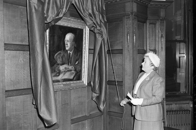 Unveiling the portrait of James Murray Watson, editor of The Scotsman from 1944-1955, in The Scotsman offices in May 1958.