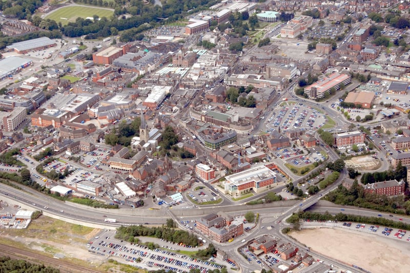 This shot shows familar landmarks, like the Crooked Spire. The patch of empty land on the bottom right of the photo is the site of the current Waterside development.