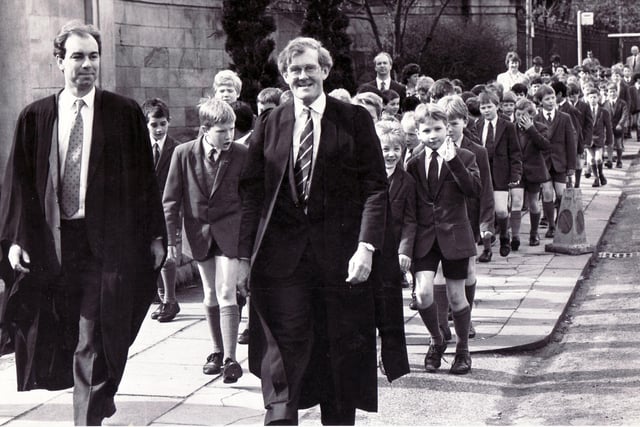 Headmaster Michael Hepworth leads his pupils to Clarke House, Birkdale School, 1988
