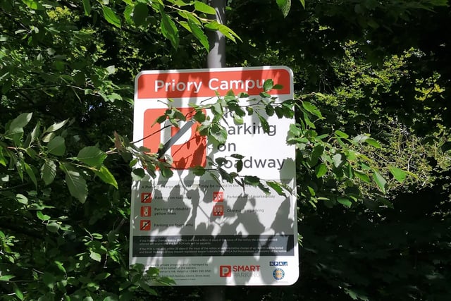 Old parking signs are almost completely obscured by the overgrown trees and bushes