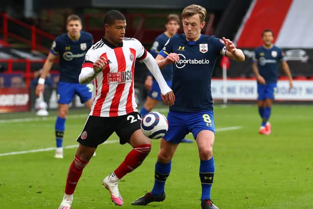 Rhian Brewster of Sheffield Utd and James Ward-Prowse of Southampton during the Premier League match at Bramall Lane, Sheffield. Picture date: 6th March 2021. Picture credit should read: Simon Bellis/Sportimage