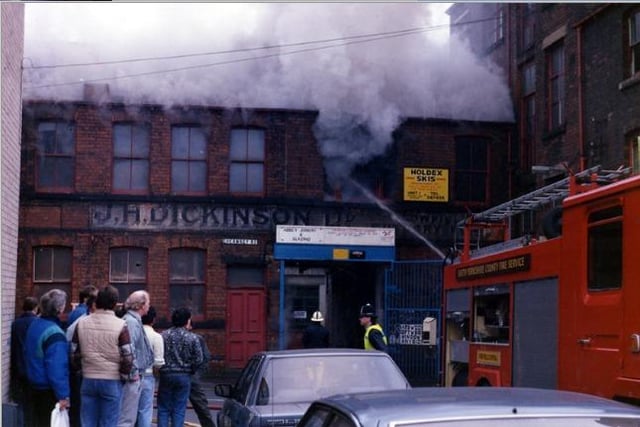 Firefighters battling a blaze at the JH Dickinson Ltd, cutlery manufacturers, Lowfield Cutlery Forge (corner with Sark Road), in the late 1980s. Photo: Picture Sheffield