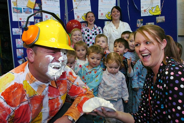 Bob the Builder, aka Sean Davison, joined the fun at Pallion's Springboard Nursery on Children In Need day 13 years ago. But Sean ended up with a custard pie in his face courtesy of nursery worker Marie Hunter.