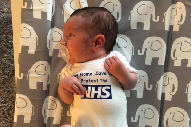 Rebecca Mason shared this photo of her daughter Billy Mason who was born on April 13. He is already supporting the NHS. Rebecca added: 'I’m a nurse at Bassetlaw Hospital and the vest was purchased to show our support to mummy’s colleagues working hard on the frontline'.