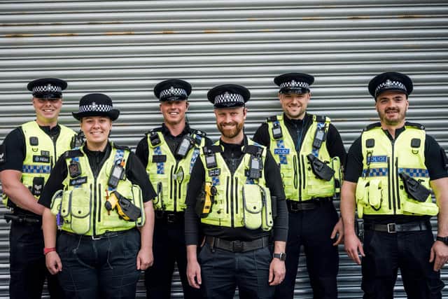 EIght police officers have been nominated for a Police Federation Bravery Award after disarming a man who pointed a loaded crossbow at them. PIctured are L_R, PC James Thornton, PC Amy Needham, Sgt Alun Oliver, PC Anthony Cole, PC Adam Craven and PC Austin Ainsworth