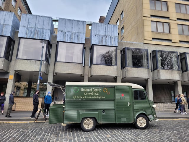 Union of Genius have been trading outside the Chrystal Macmillan Building on George Square since 2013. Monday to Friday, from 11-4pm, they offer four varieties of soup, with their autumn specials including butternut, ginger, pear and lime and hot chicken banana matoke. They also do vegetarian frittata and two types of chilli, including chipotle black bean and buckwheat chilli (vegan) and golden chicken chilli. They're served on tortilla chips with optional sour cream and cheese. Instagram @unionofgenius
www.unionofgenius.com