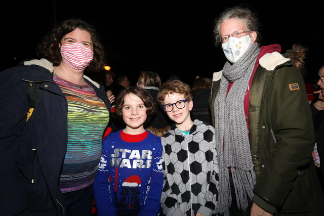 From left, Ruth Wilson, Ollie Wilson, 8, Oliver, 8, and Lysiane. The boys are best friends. Emsworth Christmas lights switch on, St Peter's Square, Emsworth
Picture: Chris Moorhouse   (jpns 031221-39)
