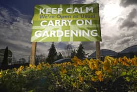 ELLESMERE PORT,  - MARCH 19: Burley Dam Garden Centre continues to trade and attract customers using the slogan 'KEEP CALM CARRY ON GARDENING' during the ongoing COVID-19 coronavirus pandemic on March 19, 2020 in Ellesmere Port, England. (Photo by Christopher Furlong/Getty Images)